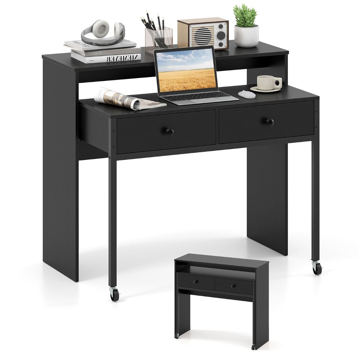 Coast Uitschuifbaar Bureau - met 2 lades - vergrendelbare wielen - zwart - 100 x 63 x 88 cm