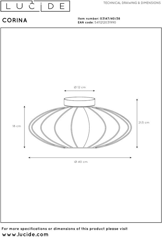 Lucide CORINA - Plafonnière (Plafondlamp) - Ø 40 cm - 1xE27 - Beige - Japandi