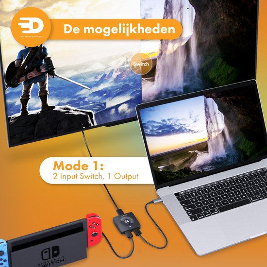 Drivv. HDMI Switch - 2-in-1 uit / 1-in-2 uit – Bi-directioneel – Ondersteunt 720p/1080p/4K/3D - Zwart