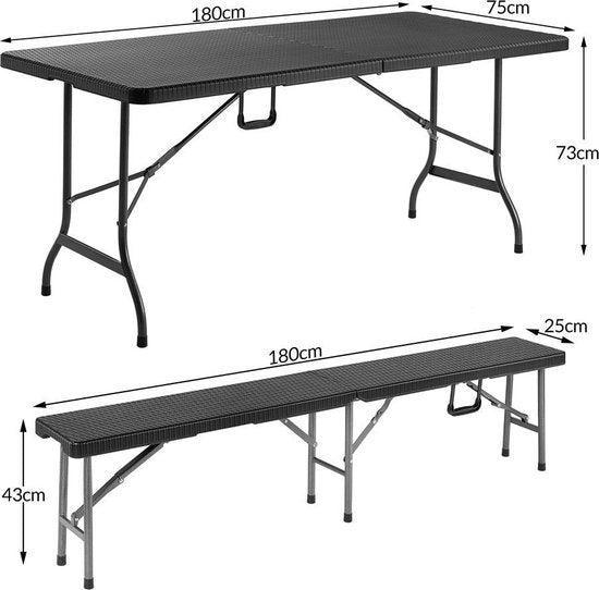 Casaria Picknickset – 2 Banken 1 Tafel Kunststof Metaal - Zwart
