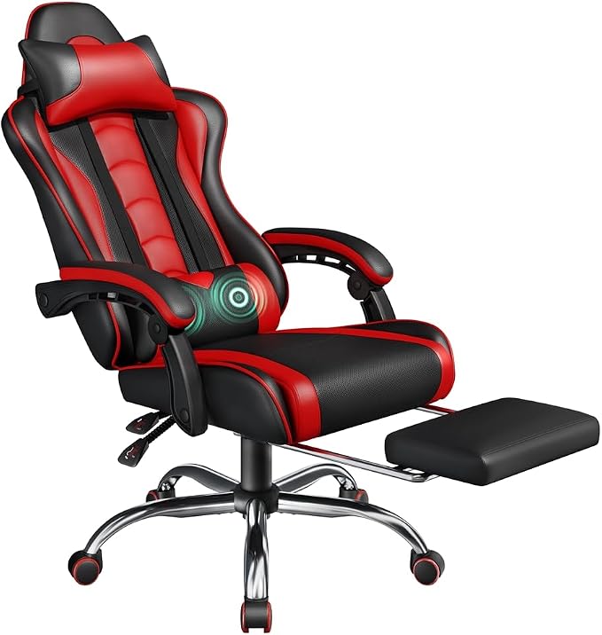 Yaheetech ergonomische gamingstoel - Voetensteun en massagekussen - Zwart/rood