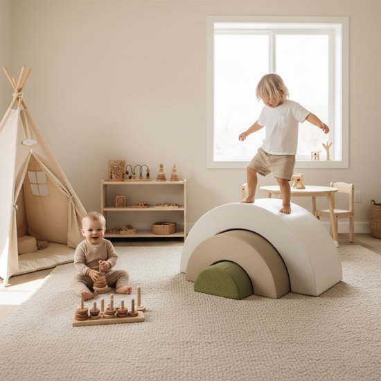 Sunny Seli Regenboog Foam Blokken – Zachte Klim- Stapel- en Speelblokken – Beige, Bruin en Groen – Softplay Foamblokken - Montessori Speelgoed – 3-delig - Vanaf 12 maanden - Veilig Spelen en Leren