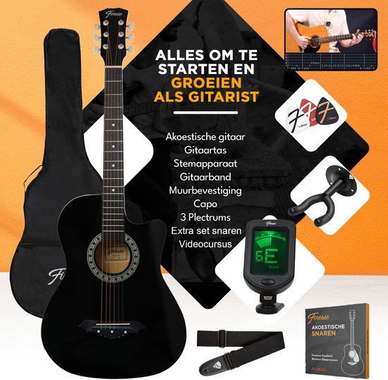 Finesse Akoestische Gitaar - met Videocursus - Western Gitaar - Gitaar Kind & Volwassenen - Zwart