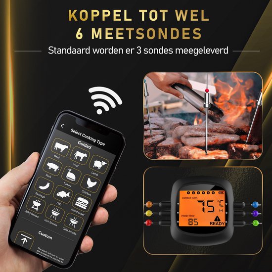 MostEssential PRO-3 Digitale Vleesthermometer - BBQ Thermometer - Draadloos met App - Bluetooth 5.0 - 100M Bereik - Inclusief 3 Meetsondes & Luxe Opberghoes