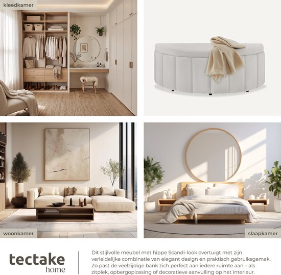 tectake® Gestoffeerde Bank Moon - Hocker met Opbergruimte - Groot Opbergvak - Halve Maan Vorm - Zitbankje - 108 x 48 x 38,5 cm - Draagkracht 150 kg - Fluweel Taupe