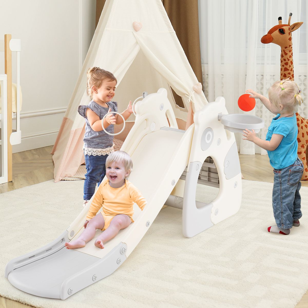 Coast Opvouwbare Peuter Glijbaan - 4-in-1 Klimstructuur - Basketbalring - Grijs
