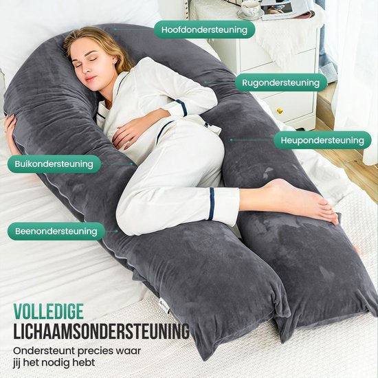 Avalo Zwangerschapskussen XXL 280 cm - U-Vorm Voedingskussen & Zijslaapkussen - Body Pillow - Lichaamskussen - Donkergrijs