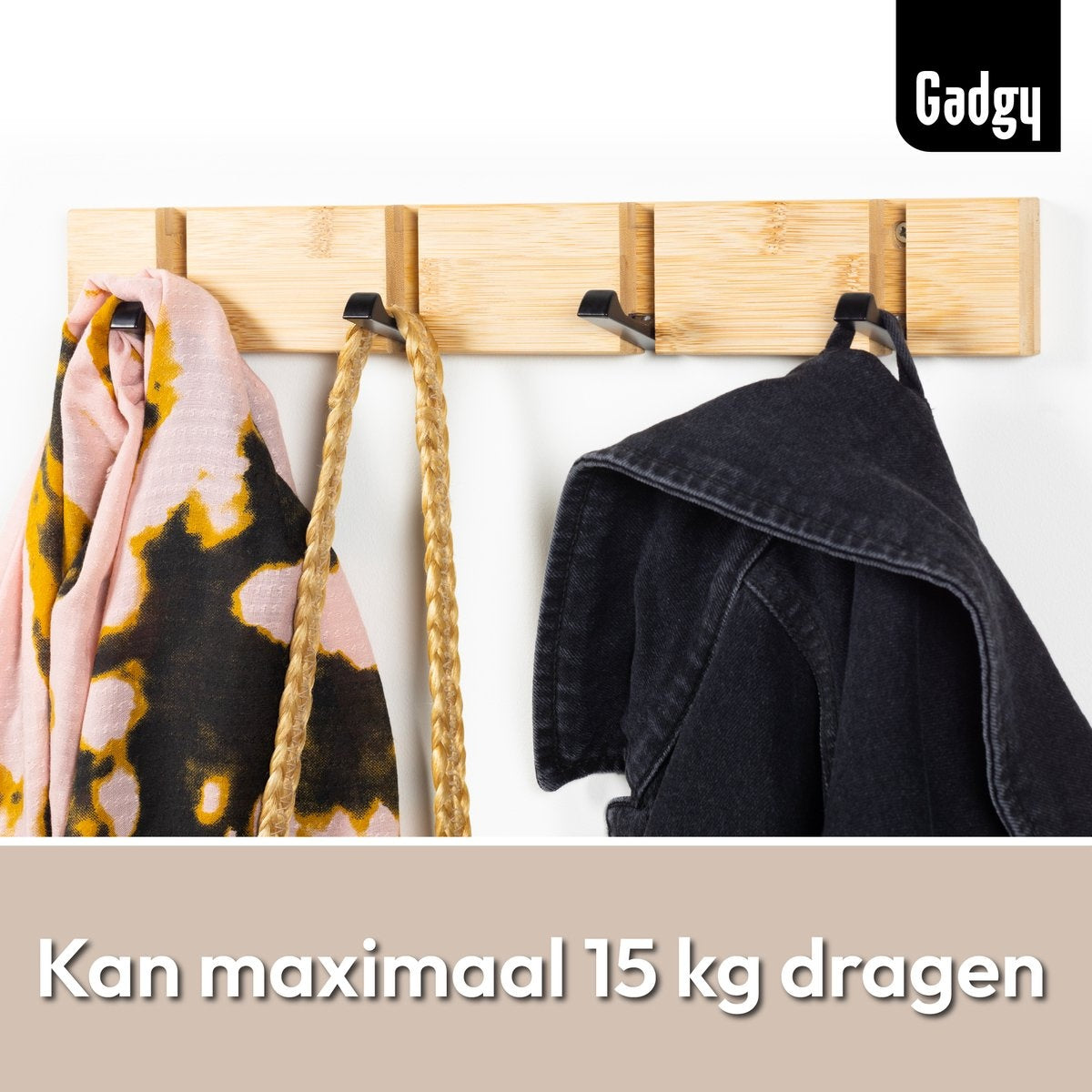 Gadgy Kapstok Hangend - Wandkapstok Hout Wand - Kinderkapstok met 8 Inklapbare Haken Zwart - Muur Kleerhanger Bamboe - Set van 2 - Max. 15kg draagkracht