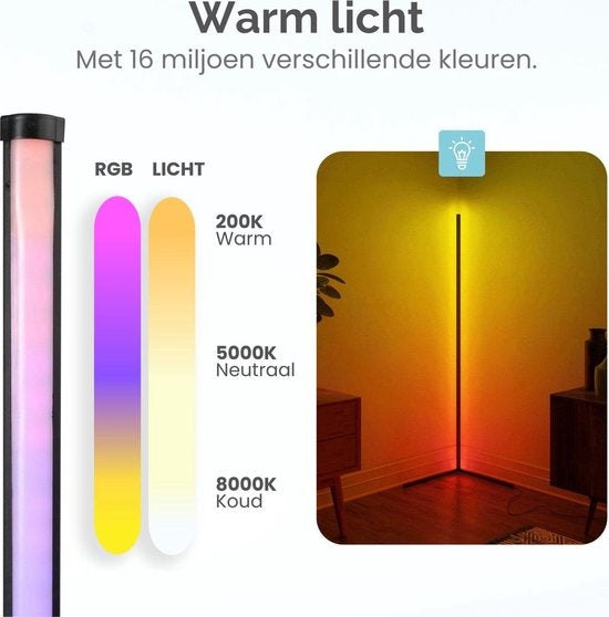 Gologi Slimme Vloerlamp LED - Hoeklamp - Industrieel - Staand - Woonkamer - Dimbaar - RGBW - Met App - Zwart