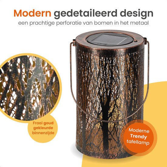 Goliving Solar Tafellamp Oasis – Buitenlamp – 2 Stuks – Buiten Lantaarn – Tuinverlichting op Zonne-energie – LED Buitenverlichting – Hanglamp – 20 cm – Metaal – Brons