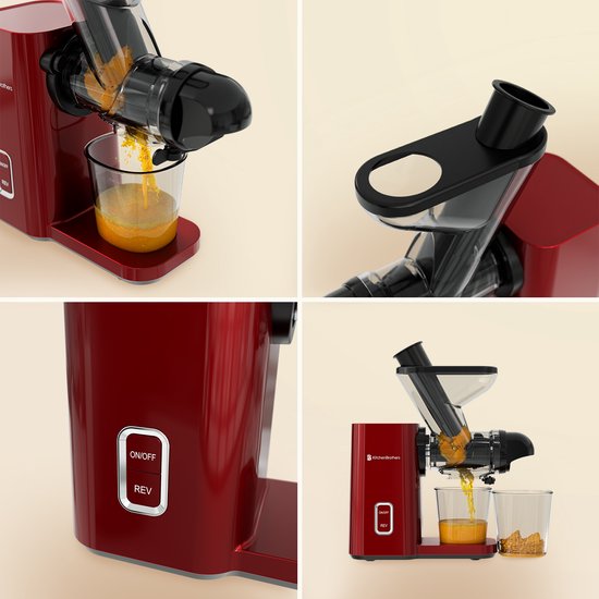 KitchenBrothers Slowjuicer - Mini Juicer - Groenten en Fruitpers - 40 mm en 50 mm invoer - 400 ml - Rood