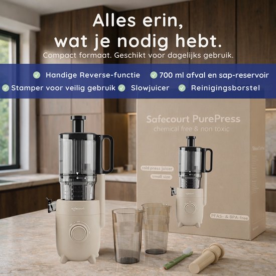 Safecourt Kitchen Slow Juicer - krachtige motor [Pre-cutter & Cold-press technologie] - eenvoudige reiniging - BPA-vrij - sapcentrifuge Beige