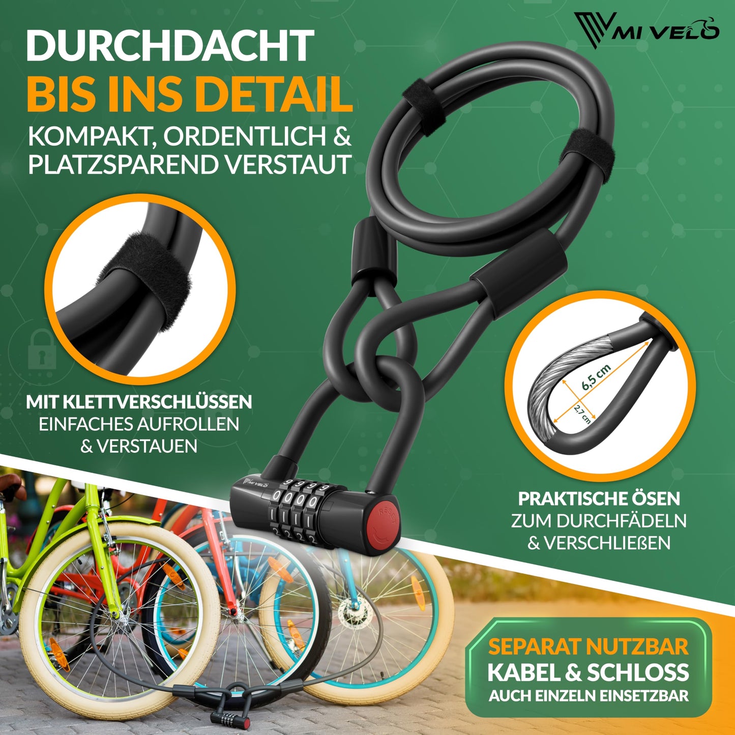 MIVELO kabelslot - fietsslot met cijfercode - 200 cm stalen kabel - 4 cijfer combinatie
