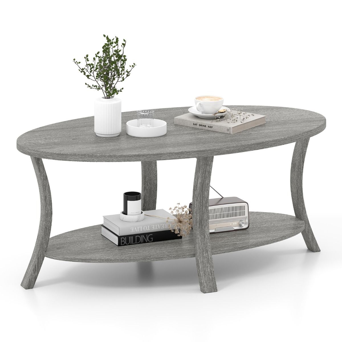 Coast Ovale Salontafel - 2-laags met opbergruimte - rubberhout - grijs - 111 x 60,5 x 47 cm