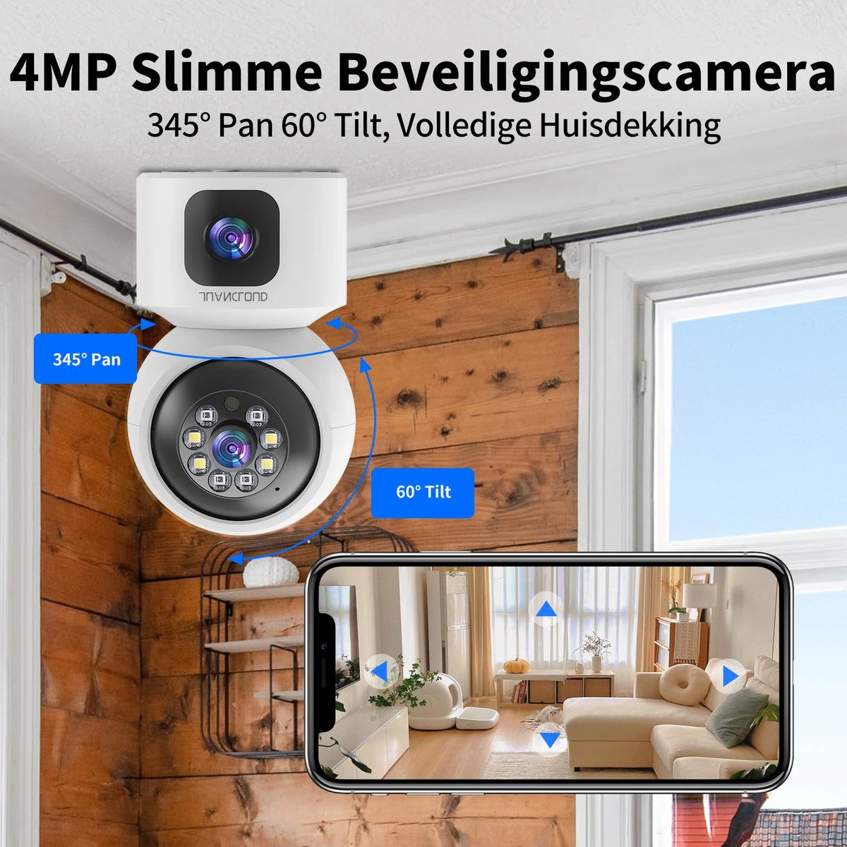Juancloud Beveiligingscamera voor Binnen met Dubbele Lens - 2K Ultra HD met Nachtzicht - Tweewegaudio en AI-bewegingsdetectie - Wit