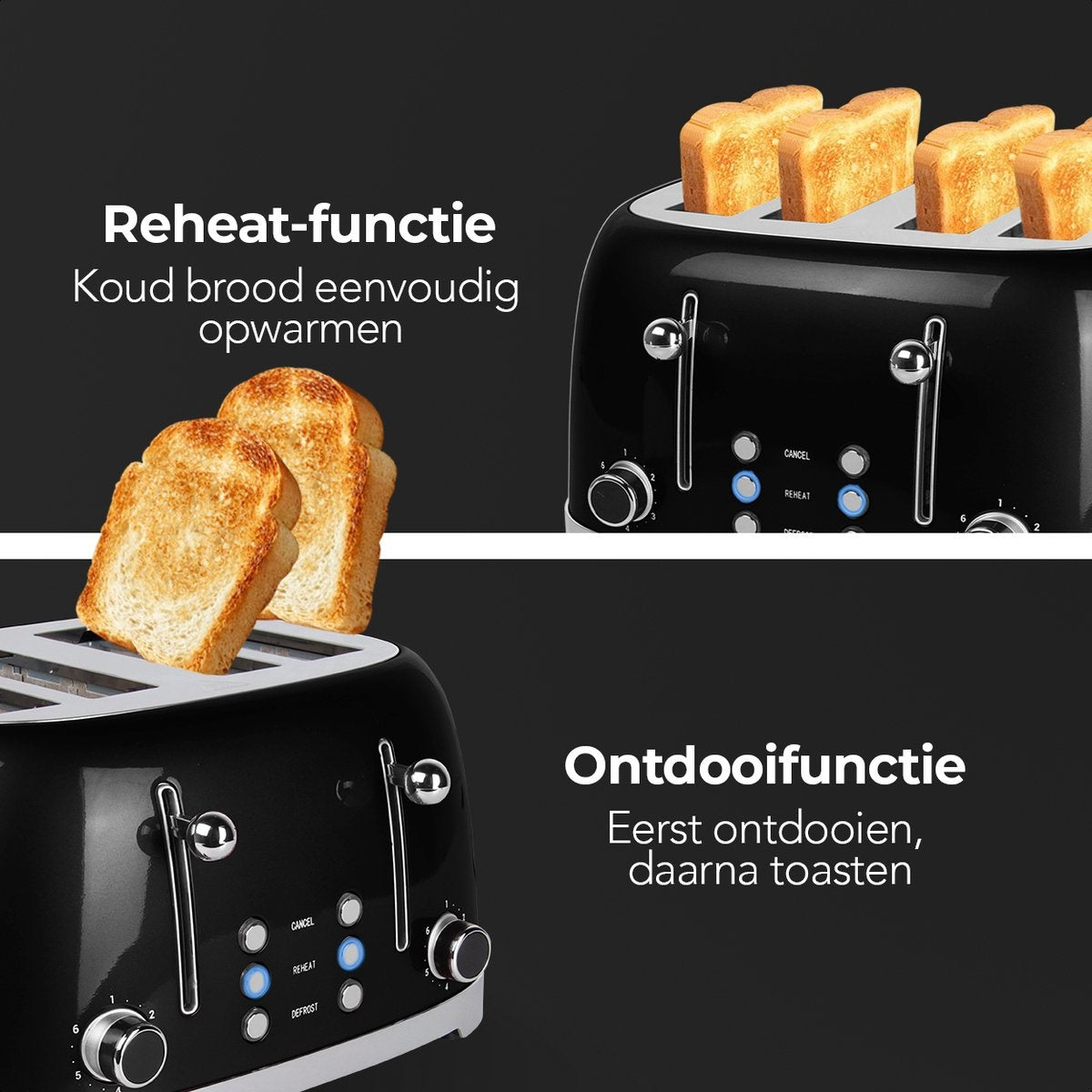 KitchenBrothers Retro Broodrooster - Toaster - 6 Warmteniveaus - 4 Extra Brede Sleuven - 1630W - Zwart