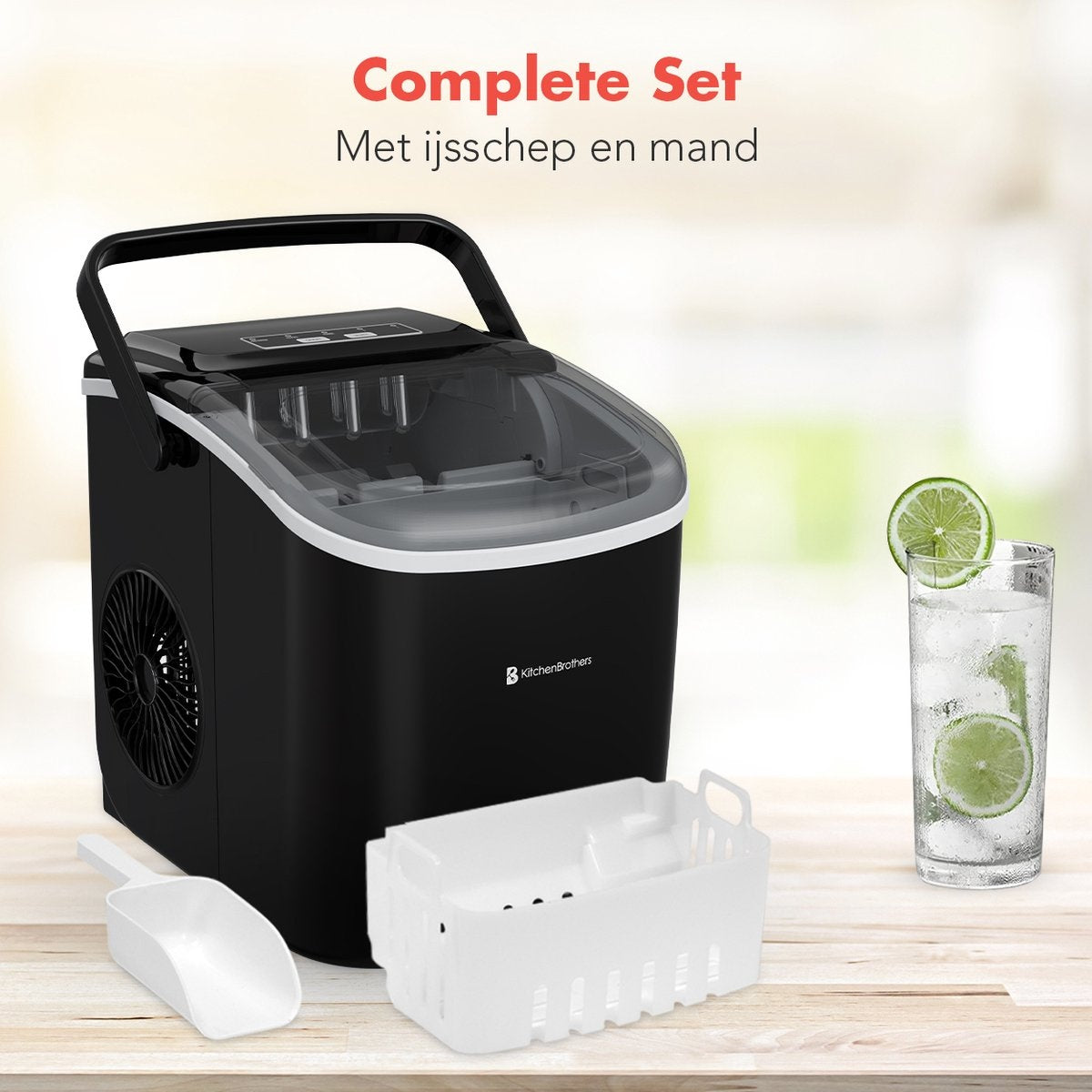 KitchenBrothers IJsblokjesmachine –  Zelfreinigingsfunctie - 1,2 L – 100 W – 22,2 x 29,4 x 29 cm – Zwart