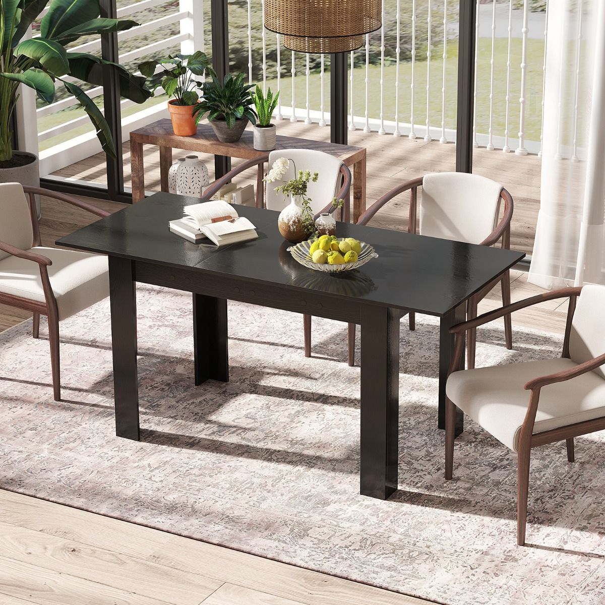 Coast Uitschuifbare Eettafel - Verstelbaar tafelblad - L-vormige poten - Zwart - 158 x 70 x 76 cm