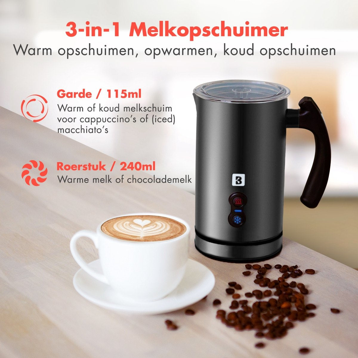 KitchenBrothers Elektrische Melkopschuimer - Voor Cappuccino en Latte - Handige Melkschuimer - Zwart