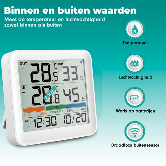 Iqonic Draadloos Weerstation - Voor Binnen en Buiten - Op Batterijen - Luchtvochtigheidsmeter - Met Buitensensor - Wit