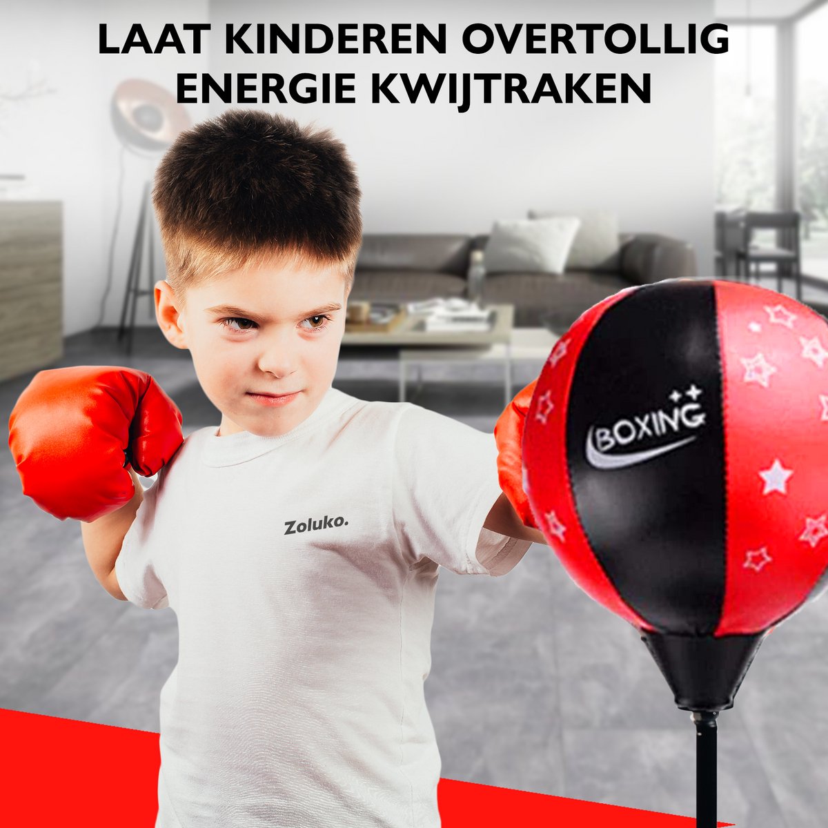 Zoluko Boksbal op Voet voor Kinderen - Incl. Bokshandschoenen en Opblaaspompje - Verstelbaar in Hoogte - Voor Binnen en Buiten - Boksbal op Standaard - Bokstrainer – Bokspaal - Boksset Kinderen - Boksbal Staand - Boxing - Thuis sporten - Zwart/Rood