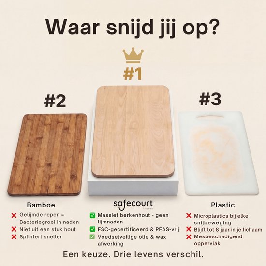 Safecourt Kitchen 3 delige houten snijplanken set [100% vrij van microplastics] - inclusief opbergstand - FSC gecertificeerd berkenhout