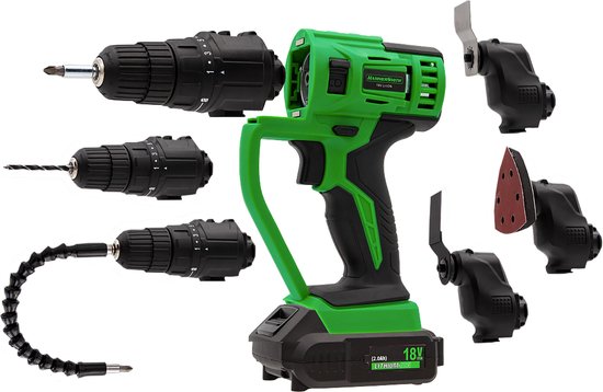 Hammersmith MultiTool Set - 18V - roterend en oscillerend Accu-Multitool - boor, snijden, zagen, schaven en schuren - grote accessoireset en koffer