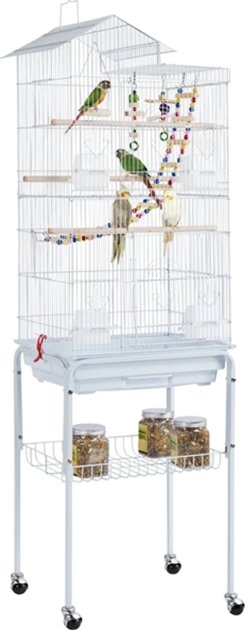 Yaheetech Vogelkooi Met Verrijdbaar Onderstel – Voorzien Van 10 mm Tralieafstand En Uitneembare Bodemlade En Inclusief Speelgoedset – Voor Parkieten En Kanaries – Wit Gepoedercoat Metaal – 46 x 35,5 x 158,5 cm
