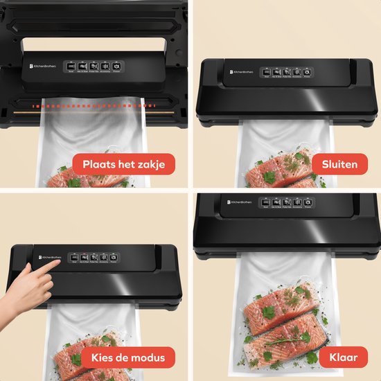 KitchenBrothers Vacumeermachine Essential - 4,5L/min. - Vacuüm Sealer - BPA-vrij - 4 Standen - Incl. 40 Vacumeerzakken en Vacuumslang - Zwart
