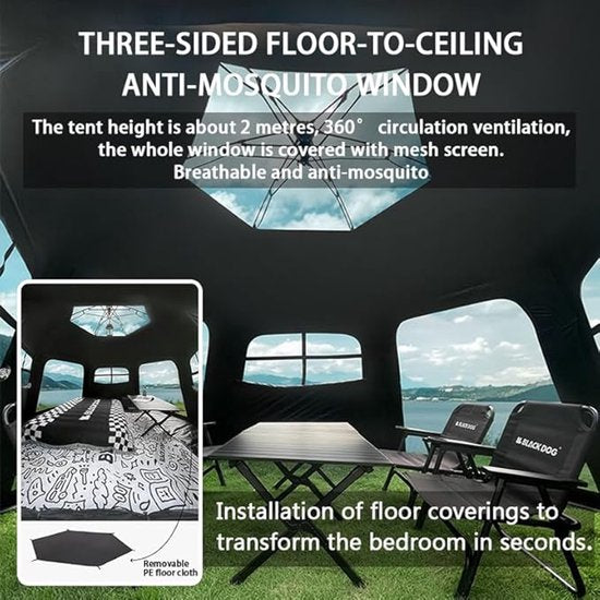 Black Dog Dome Tent - Hoogwaardige kampeertent voor 6-8 personen - Hexagonaal automatisch - Draagbare familietent - Opvouwbaar vinyl - Bescherming tegen zon en regen - Zwart