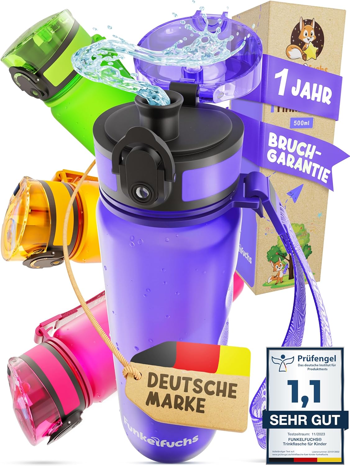 Funkelfuchs® Kinderdrinkfles 500ml – Paars – 100% Lekvrij & Koolzuurbestendig – BPA-vrij & Vaatwasserbestendig – Perfect voor School, Kleuters & Sport