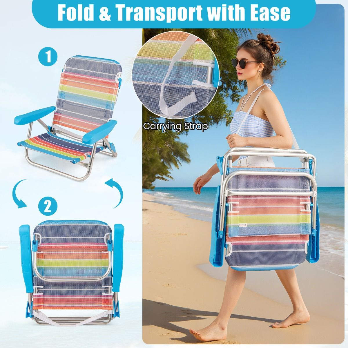Coast Opvouwbare Strandstoelen Set van 2 - Verstelbare Rugleuning - Lichtgewicht Campingstoelen - 64 x 63 x 74 cm