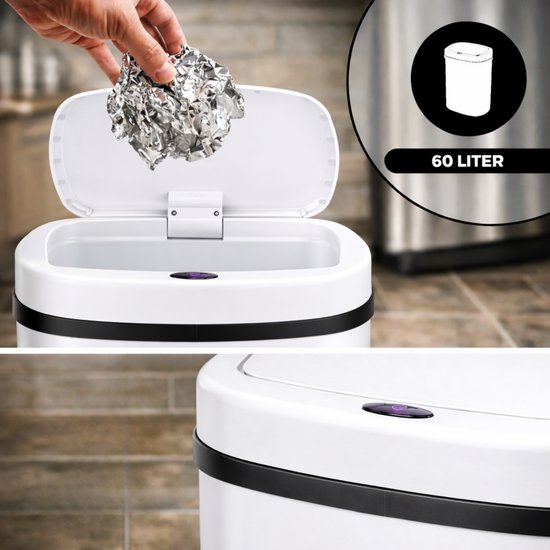 Bayt Prullenbak - Prullenbak 60 Liter - Prullenbak met Sensor - Vuilnisbak - Afvalbak - Metaal - Wit