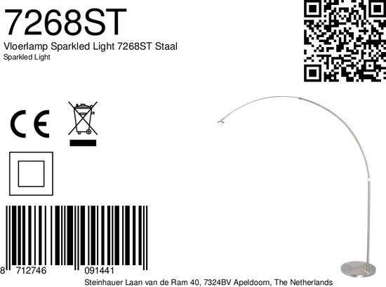 Vloerlampen Staal kleurige booglamp Sparkled Light 7268ST hoogte uitschuifbaar en kantelbaar Steinhauer