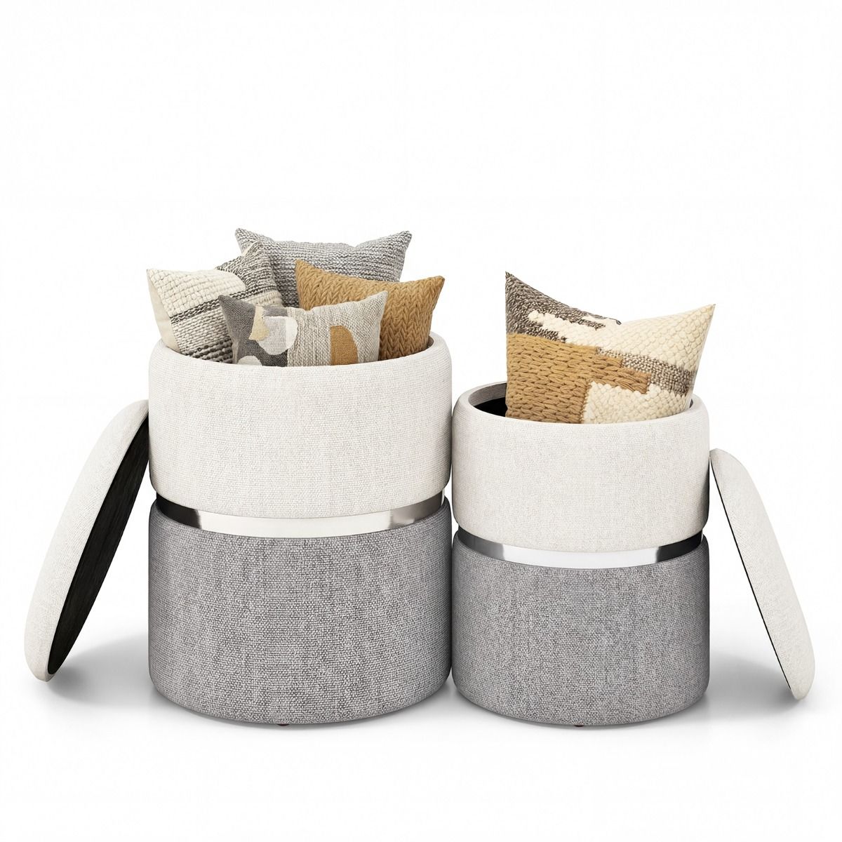 Coast Opbergpoefenset - set van 2 ronde poefs - linnen stof - zilveren accentring - beige en grijs
