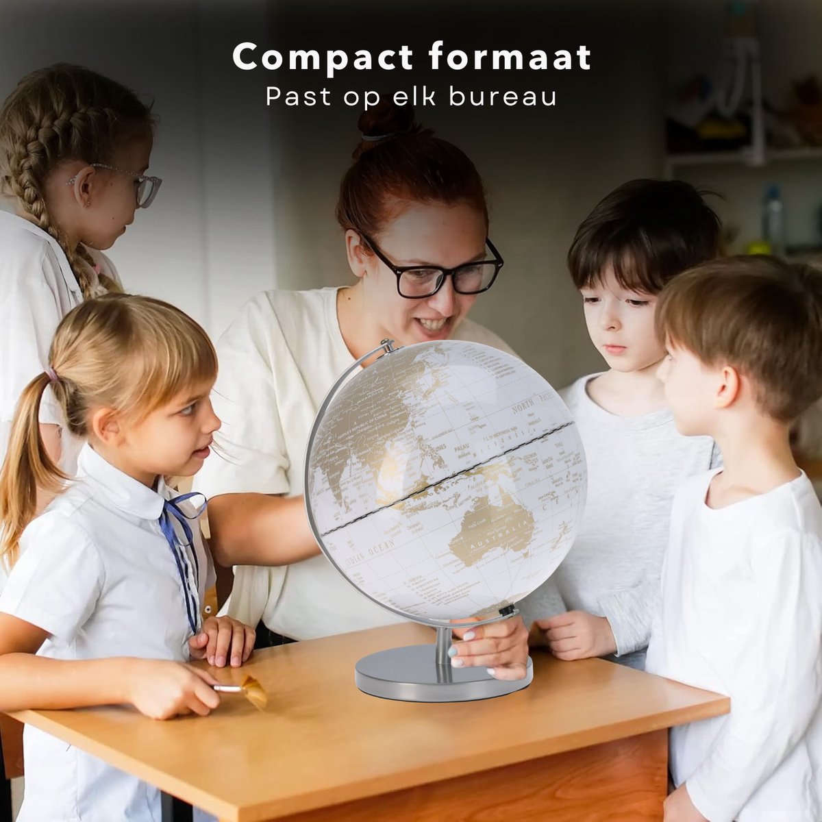 Cheqo® Wereldbol Lamp 31 cm – LED Globe met Verlichting – Wit Goud – Decoratieve USB Wereldbollamp