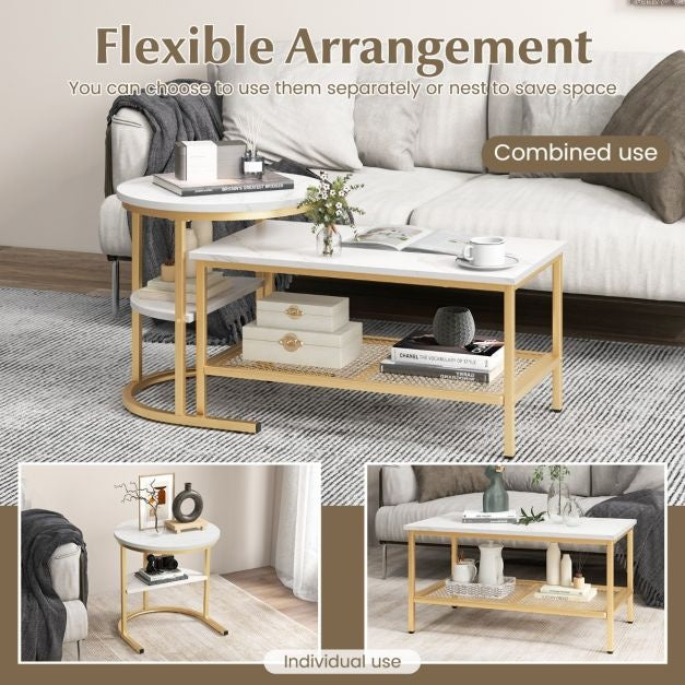 Coast Set van 2 bijzettafels - Salontafels met gouden metalen frame - Max. 50KG - Goud/Wit