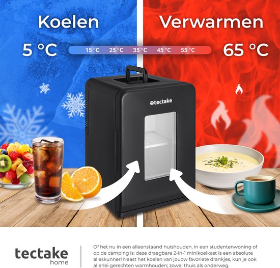 tectake® Mini-Autokoelkast - Draagbare minibar 14L - 2-in-1-functie: koelen en verwarmen - 5 tm 65 °C - Mini Koelkast - Elektrische Koelbox - 12v + 220/240v Aansluiting - Draagbare Campingkoelkast