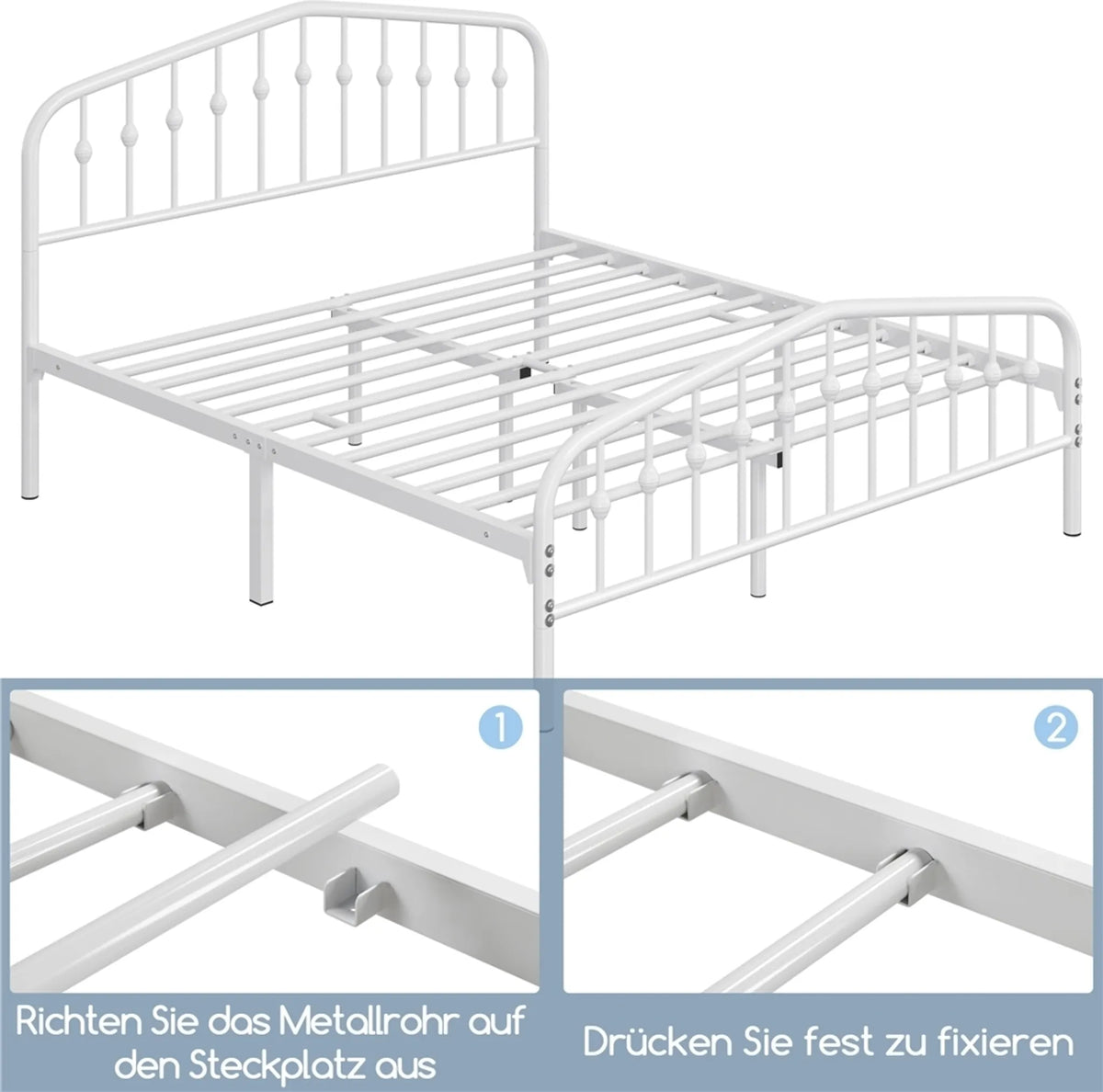 Yaheetech Klassiek Metalen Bed met Hoog Hoofdbord 160x200 cm – Wit – Metaal