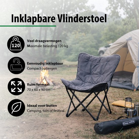 Camp active Vlinderstoel Opvouwbaar - Butterfly Chair Inclusief Draagtas - Campingstoel met Comfortabele Zitting - Lichtgewicht Klapstoel - 70 x 60 x 90 cm - Grijs
