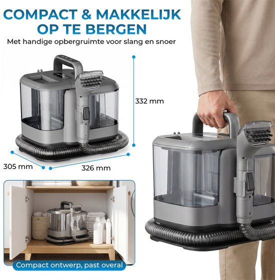 Powell Stoomreiniger - Tapijtreiniger - Vlekkenreiniger - Bank Reiniger - Meubelreiniger - Tapijtreiniger Stofzuiger - Reinigingsmachine - Tapijt Reiniger - 1800 Watt - Grijs