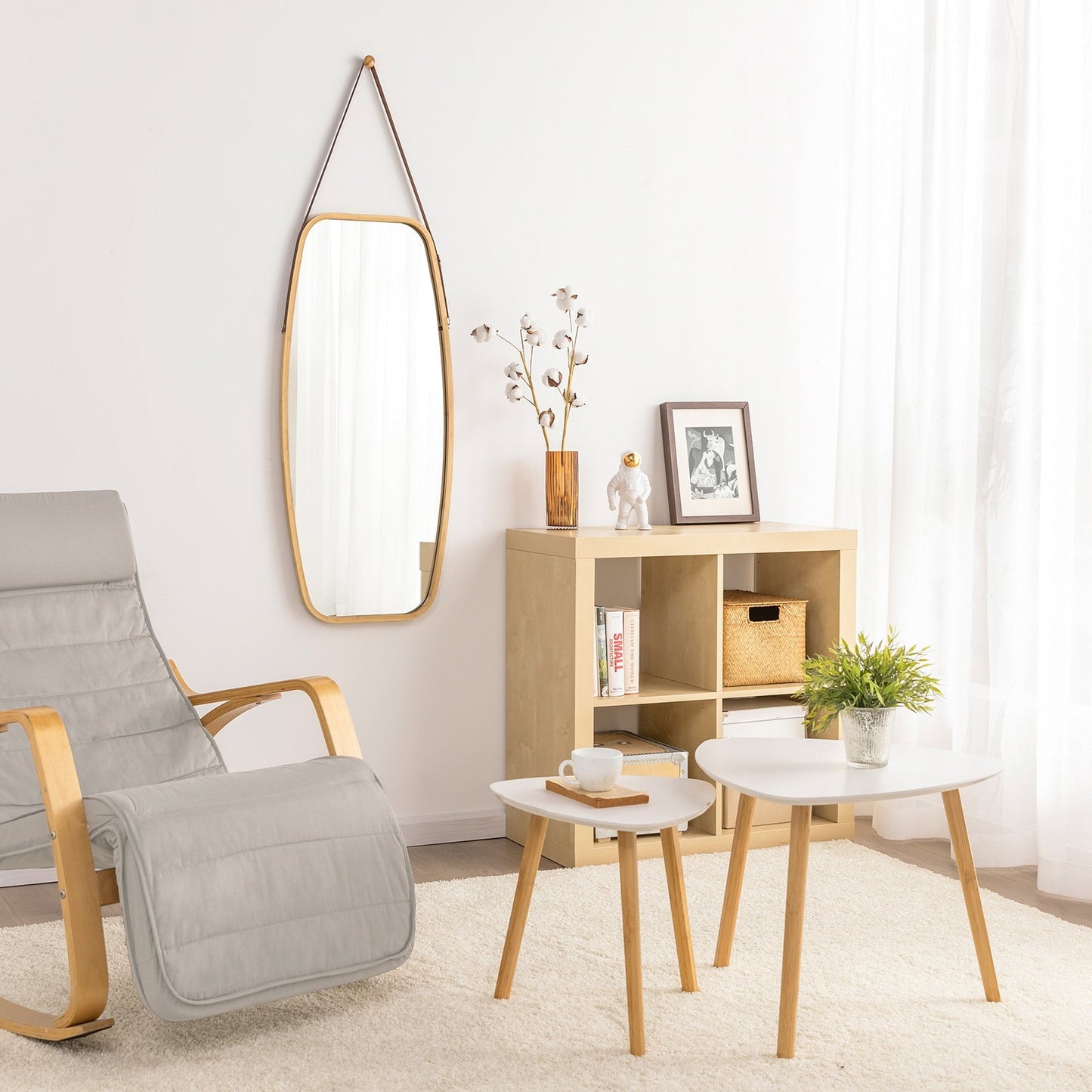 Set van 2 kleine tafels met planken, salontafel, salontafel, kleine tafel, bamboe, wit/naturel