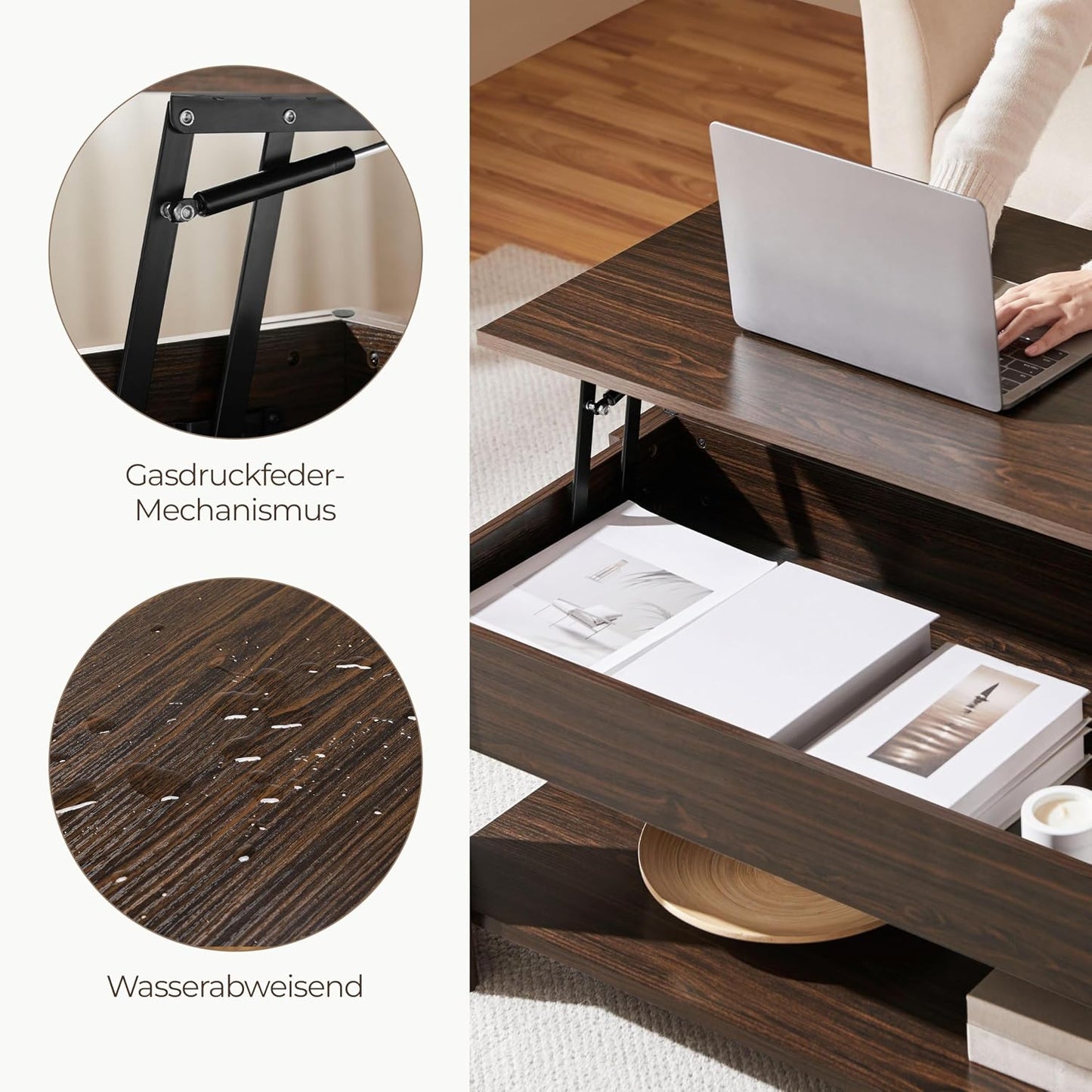 Yaheetech Salontafel 98 x 50 x 41,8 cm - Bruin - In Hoogte Verstelbaar - Uittrekbaar Tafelblad - Met Opbergruimte