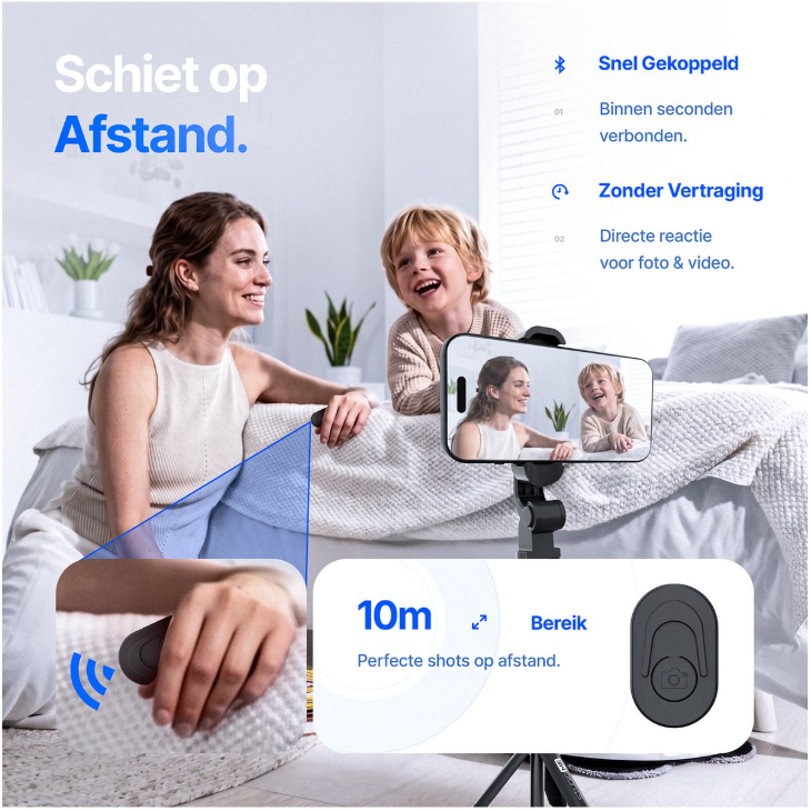 Studio ME Bluetooth Tripod Selfiestick – Afstandsbediening, Telefoonhouder En Kantelhoek – Voor Smartphone Foto En Video – Zwart Kunststof – 18 tot 66 cm