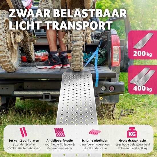 tectake® 2x Oprijplaten - Set van 2 Stalen Oprijplaten met Draagvermogen tot 400 kg - Antislip en Geperforeerd - Oprijplaat voor Auto, Aanhanger, Motorfiets, Zitmaaier, Rolstoel, Fiets (160 cm)