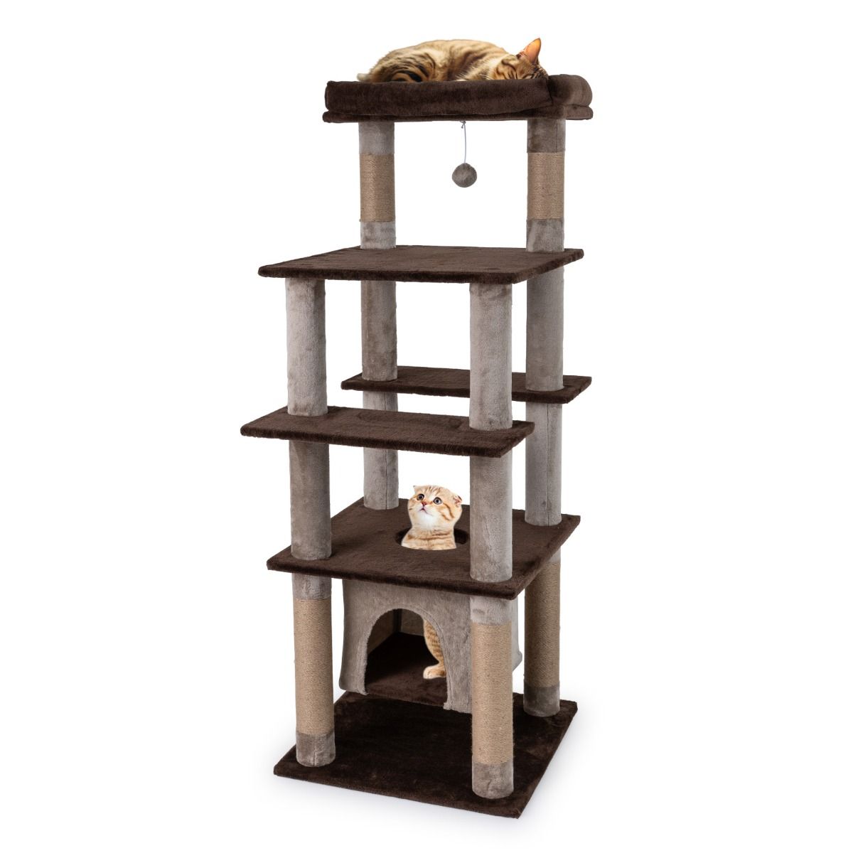Coast Krabpaal voor katten - meerdere niveaus - schommelend kattenhuis - pluche ligbed - bruin - 56 x 56 x 148 cm