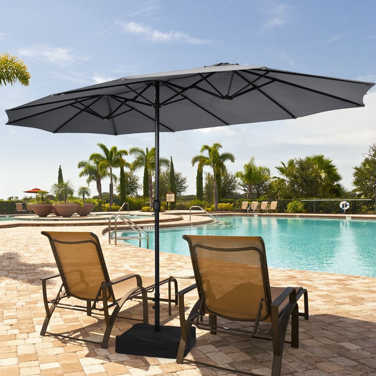Coast Dubbele Parasol met Standaard - extra groot schaduwoppervlak - stevige metalen basis - grijs 451,5 x 264 cm