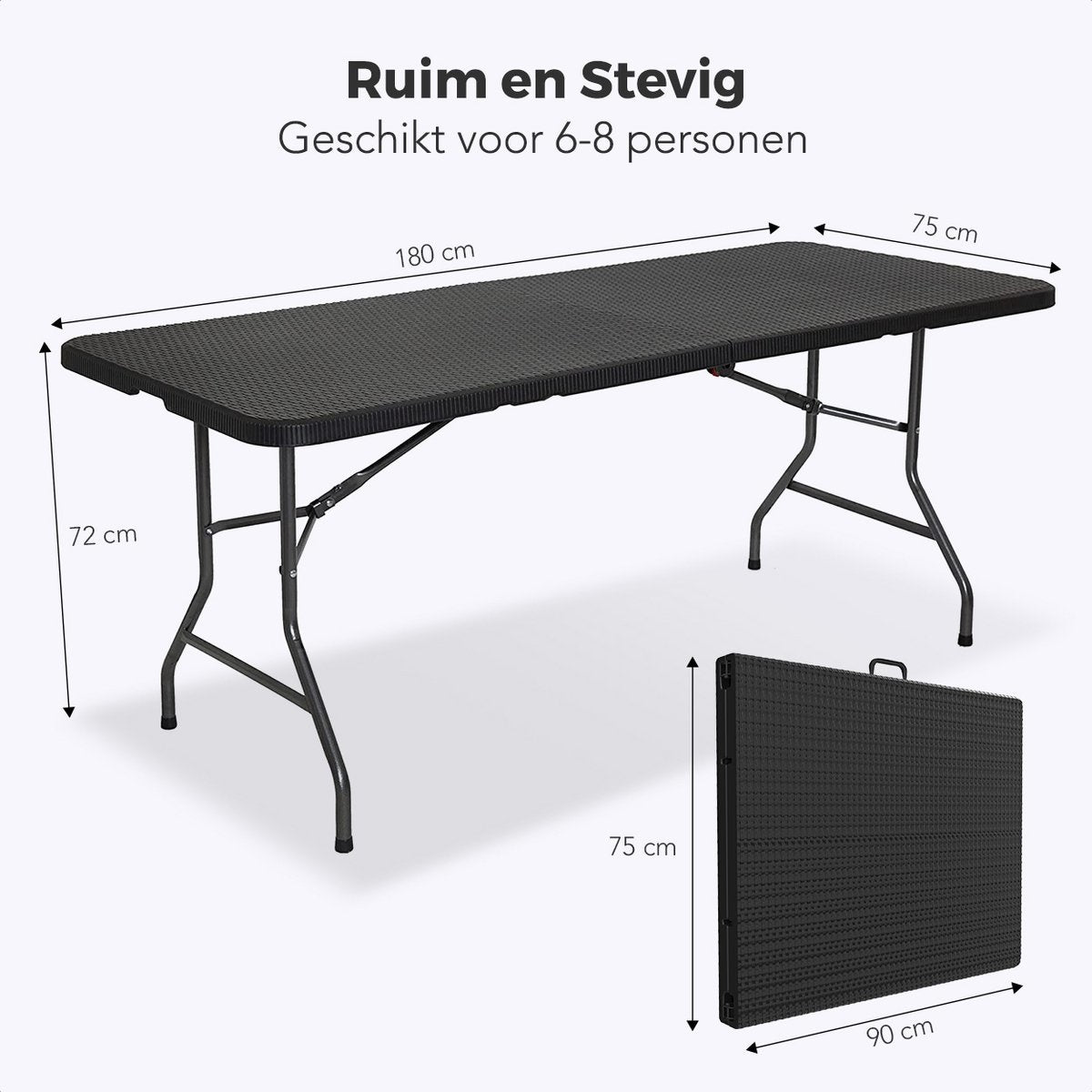 LifeGoods Inklapbare Tafel - 180 cm - Campingtafel - 6 tot 8 Personen - Vouwtafel - Zwart