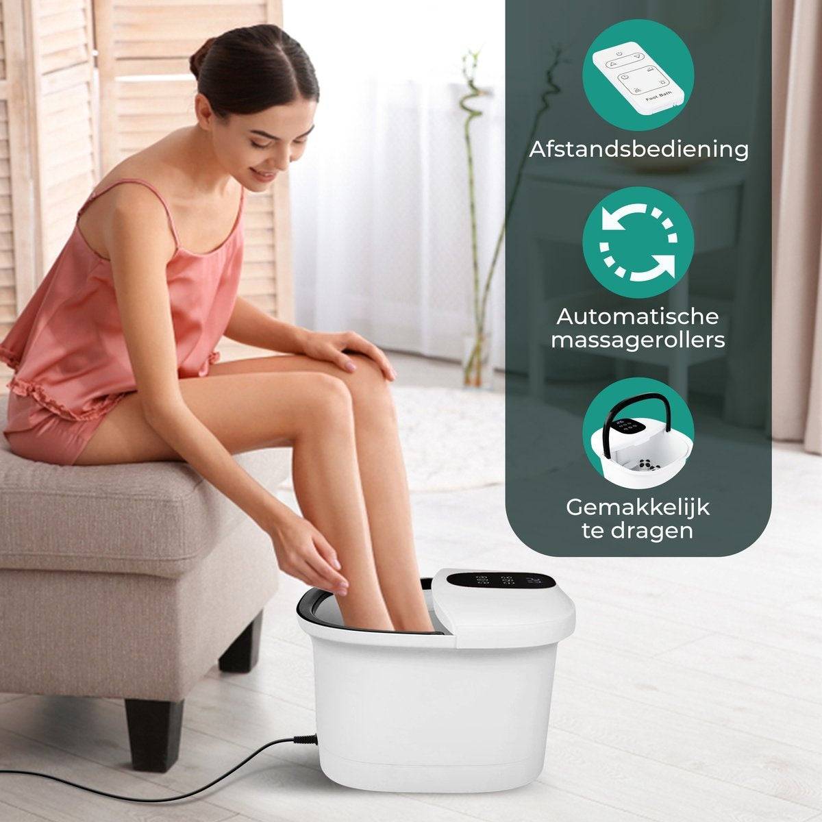 Niceey Massage Voetenbad 3XL – Automatische Massage Rollers - Tot 48°C - Elektrisch Voetbad met Bubbelfunctie – Infrarood Voetmassage - Met Afstandsbediening - 14L - Wit