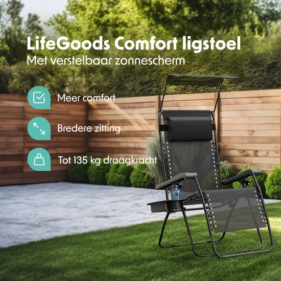LifeGoods Opvouwbare Tuinstoel - Verstelbaar Zonnescherm - Ligstoel Tuin - 30°-90° Verstelbaar - Metaal - Zwart
